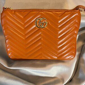 Gucci Marmont Quilted Calfskin Chevron Leather Cognac Crossbody Clutch Wristlet